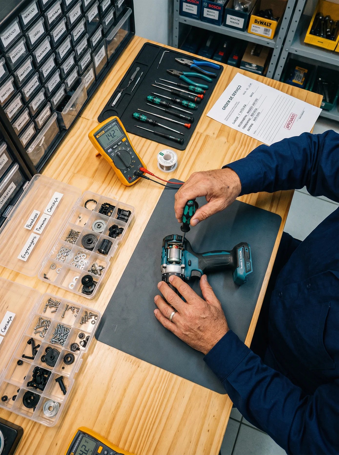 Técnico da Fermatek realizando diagnóstico detalhado em ferramenta elétrica na bancada